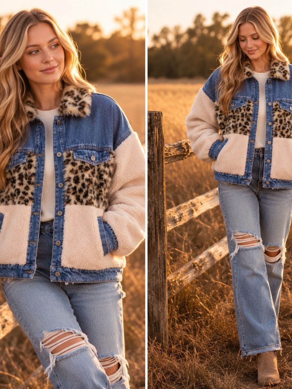Leopard Panel Sherpa Denim Wild Side Jacket